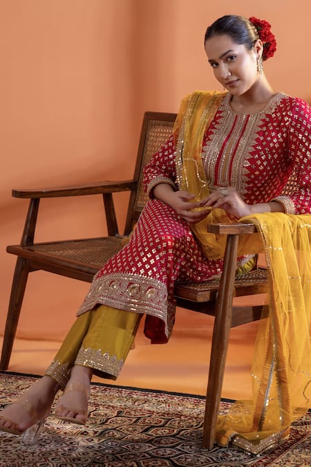 Shop_Raj Arora_Red Velvet Embroidery, Sequins Round Neck Magenta And Mustard Applique Kurta Set _Online_at_Aza_Fashions