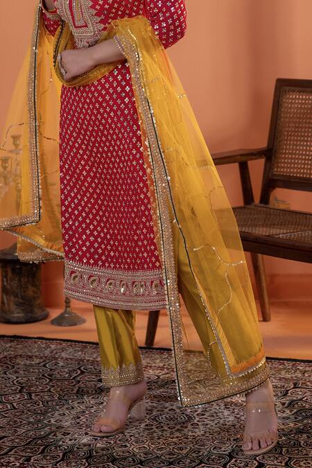 Raj Arora_Red Velvet Embroidery, Sequins Round Neck Magenta And Mustard Applique Kurta Set _at_Aza_Fashions
