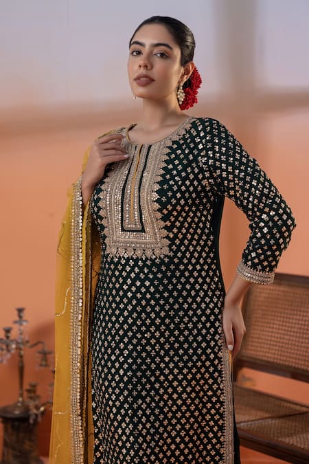 Shop_Raj Arora_Green Georgette Sequins Round Neck Bottle Jora Set _Online_at_Aza_Fashions