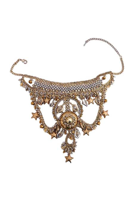 Shop Vaidaan Silver Plated Nora Antique Gold And Necklace at Aza Fashions Shop_Vaidaan_Silver Plated Nora Antique Gold And Necklace _at_Aza_Fashions