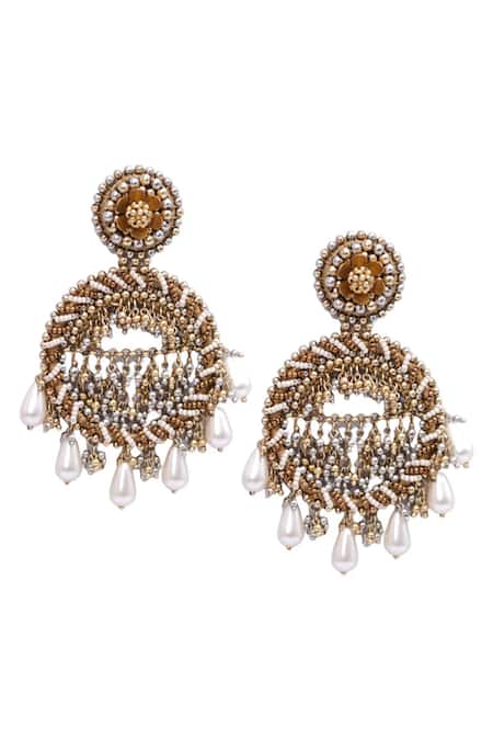 Shop Vaidaan Gold Plated Pearls, Beads Antique And Silver Sidra Earrings at Aza Fashions Shop_Vaidaan_Gold Plated Pearls, Beads Antique And Silver Sidra Earrings _at_Aza_Fashions