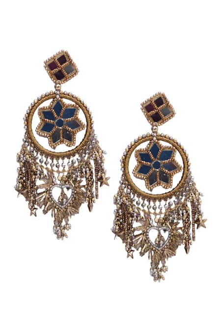 Shop Vaidaan Gold Plated Pearls, Beads Gul Antique And Silver Earrings at Aza Fashions Shop_Vaidaan_Gold Plated Pearls, Beads Gul Antique And Silver Earrings _at_Aza_Fashions
