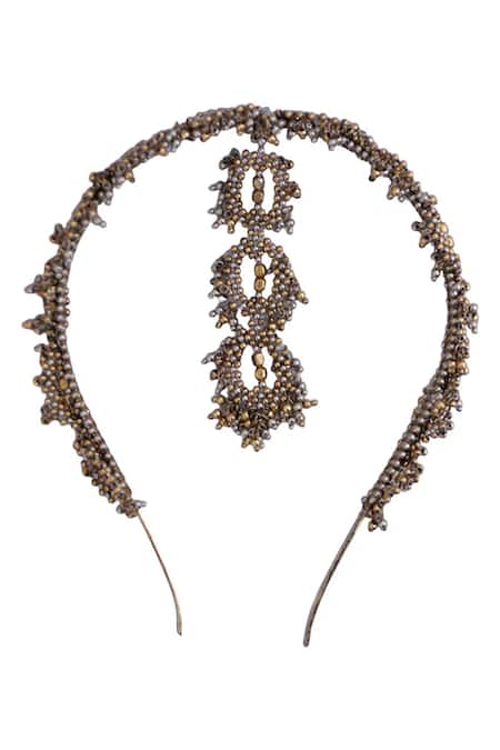 Shop Vaidaan Beads, Pearls Anokhi Antique Gold Hairband at Aza Fashions Shop_Vaidaan_Beads, Pearls Anokhi Antique Gold Hairband _at_Aza_Fashions