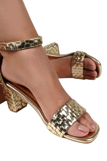 Shop Vaidaan Gold Pearls, Beads Faux Leather Chavi Heels at Aza Fashions Shop_Vaidaan_Gold Pearls, Beads Faux Leather Chavi Heels _at_Aza_Fashions