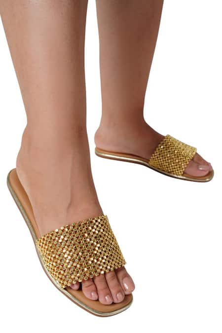 Vaidaan_Gold Pearl Embellished Flats _Online_at_Aza_Fashions