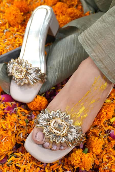 Vaidaan Brown Pearls, Beads Shirodha Faux Leather Heels 