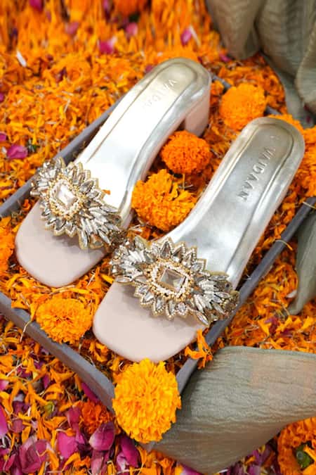 Shop Vaidaan Brown Pearls, Beads Shirodha Faux Leather Heels at Aza Fashions Shop_Vaidaan_Brown Pearls, Beads Shirodha Faux Leather Heels _at_Aza_Fashions