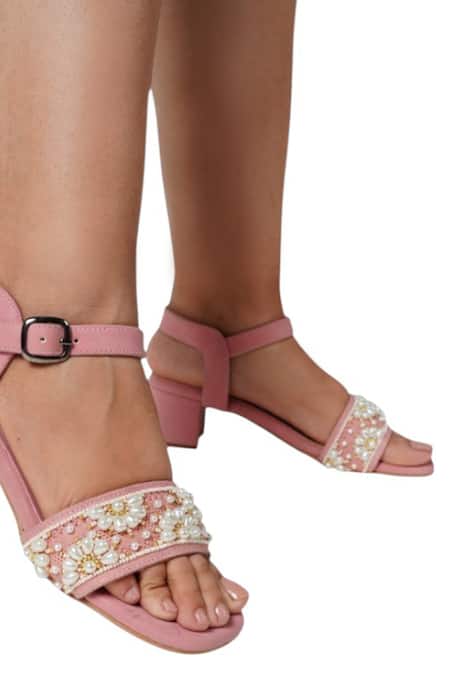 Shop Vaidaan Pink Pearls, Beads Coral Heels With Embellishments at Aza Fashions Shop_Vaidaan_Pink Pearls, Beads Coral Heels With Embellishments _at_Aza_Fashions