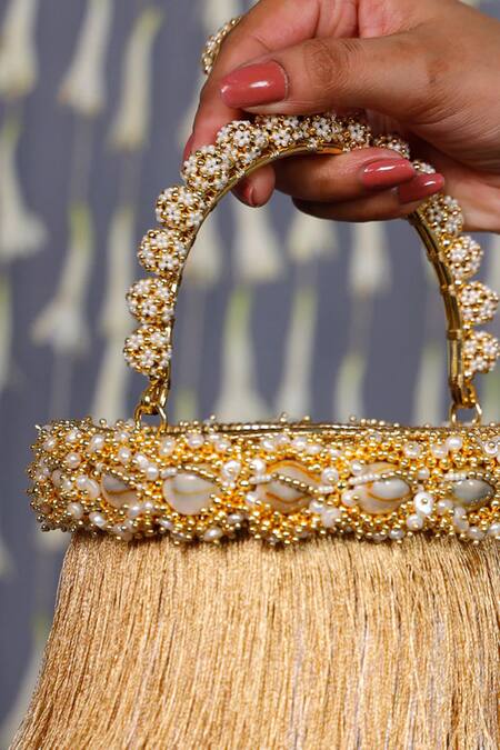 Vaidaan White Pearls, Beads Designer Lola Bag With Embellishments Online at Aza Fashions Vaidaan_White Pearls, Beads Designer Lola Bag With Embellishments _Online_at_Aza_Fashions