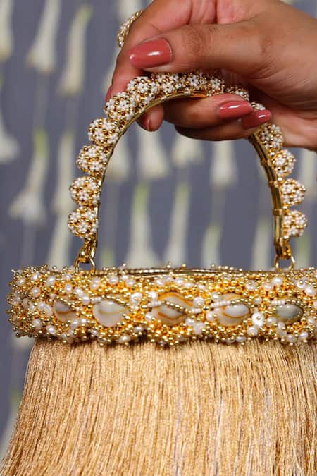 Shop Vaidaan White Pearls, Beads Designer Lola Bag With Embellishments at Aza Fashions Shop_Vaidaan_White Pearls, Beads Designer Lola Bag With Embellishments _at_Aza_Fashions