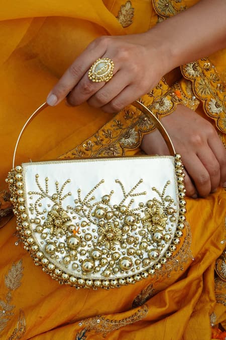 Vaidaan Gold Pearls, Beads Designer Clutch Bag 