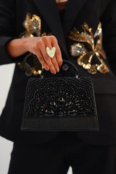 Vaidaan Black Faux Leather Embellished Clutch 