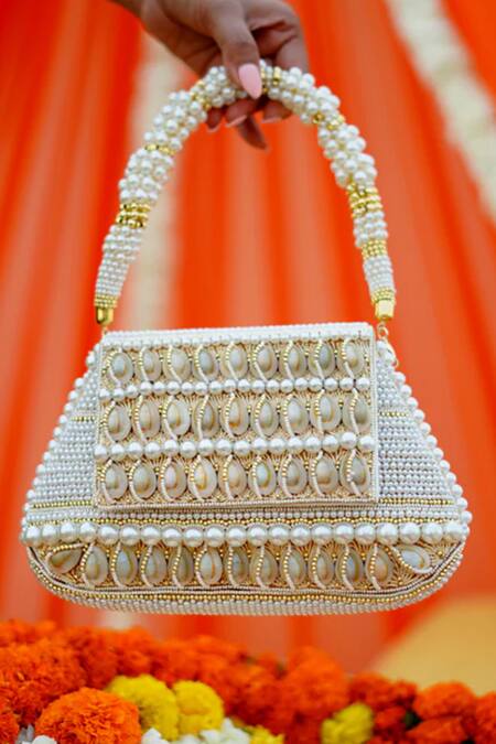 Vaidaan_Beige Beads Designer Mallika Clutch _Online_at_Aza_Fashions