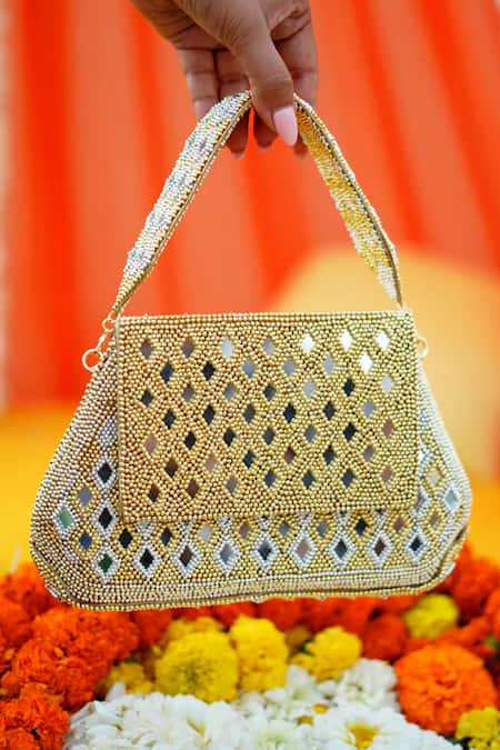Buy_Vaidaan_Gold Mirrors, Beads Designer Umika Clutch Bag _Online_at_Aza_Fashions