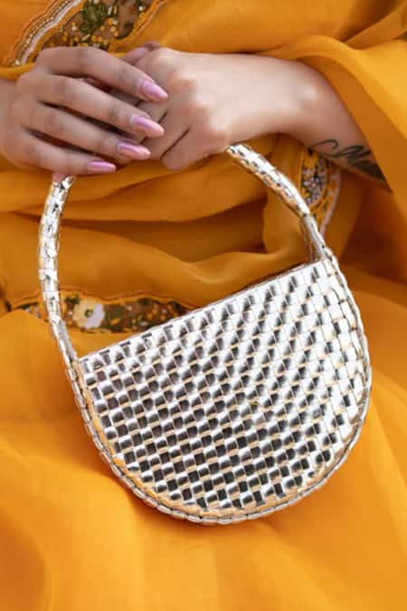 Shop Vaidaan Gold Faux Leather Clutch Bag at Aza Fashions Shop_Vaidaan_Gold Faux Leather Clutch Bag _at_Aza_Fashions