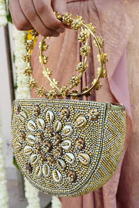 Shop Vaidaan Gold Beads Antique Designer Clutch Bag at Aza Fashions Shop_Vaidaan_Gold Beads Antique Designer Clutch Bag _at_Aza_Fashions