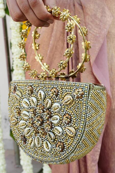 Shop Vaidaan Gold Beads Antique Designer Clutch Bag Online at Aza Fashions Shop_Vaidaan_Gold Beads Antique Designer Clutch Bag _Online_at_Aza_Fashions