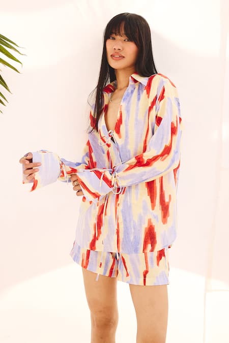ZiP by Payal & Zinal_Multi Color Cotton, Linen Collared Hazy Hue Shirt And Shorts Set _Online_at_Aza_Fashions
