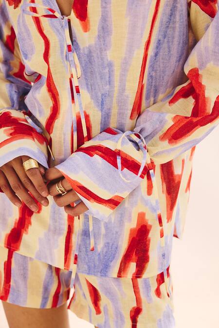 Buy_ZiP by Payal & Zinal_Multi Color Cotton, Linen Collared Hazy Hue Shirt And Shorts Set _Online_at_Aza_Fashions