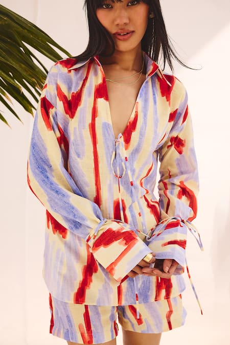 Shop_ZiP by Payal & Zinal_Multi Color Cotton, Linen Collared Hazy Hue Shirt And Shorts Set _Online_at_Aza_Fashions