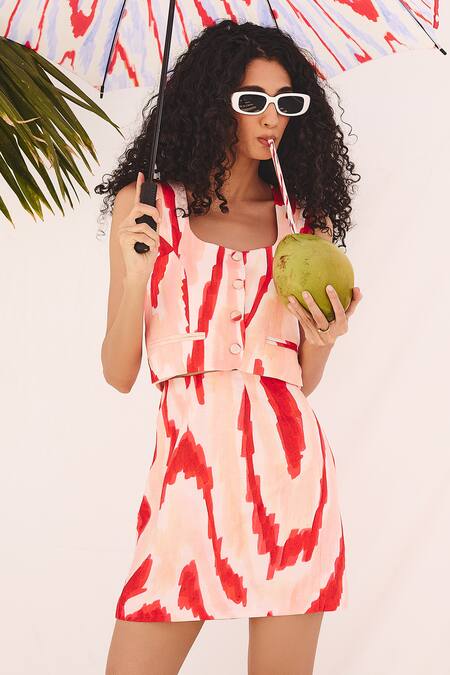 Buy ZiP by Payal & Zinal Multi Color Cotton, Linen Round Neck Sunset Strokes Skirt Set Online at Aza Fashions Buy_ZiP by Payal & Zinal_Multi Color Cotton, Linen Round Neck Sunset Strokes Skirt Set _Online_at_Aza_Fashions