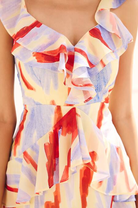 Buy_ZiP by Payal & Zinal_Multi Color Georgette Ruffles V-neck Pastel Whirl Dress _Online_at_Aza_Fashions