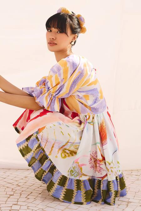 ZiP by Payal & Zinal_Multi Color Cotton, Linen Square Neck Dress _Online_at_Aza_Fashions