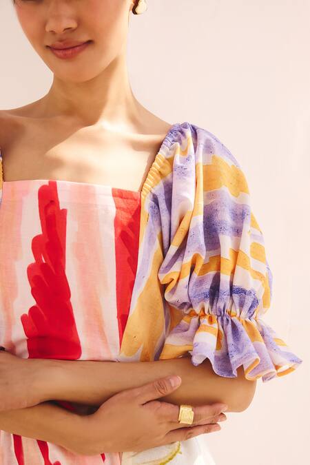 Buy_ZiP by Payal & Zinal_Multi Color Cotton, Linen Square Neck Dress _Online_at_Aza_Fashions