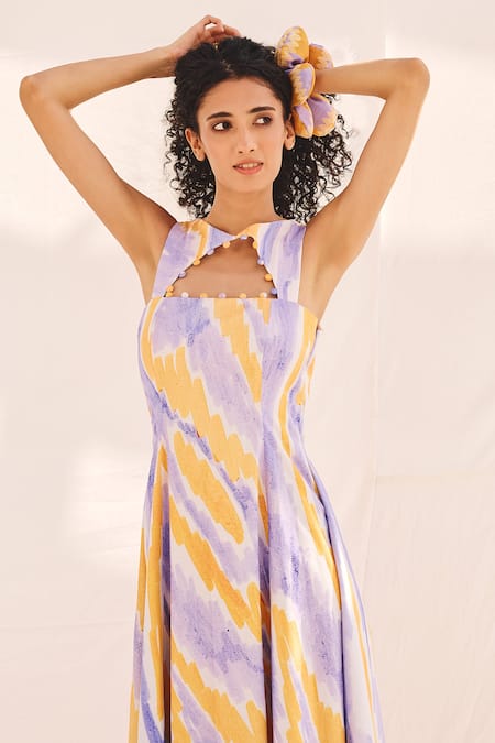 ZiP by Payal & Zinal_Multi Color Cotton, Linen Open Neck Tie-dye Midi Dress _Online_at_Aza_Fashions