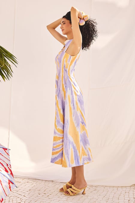 Buy_ZiP by Payal & Zinal_Multi Color Cotton, Linen Open Neck Tie-dye Midi Dress _Online_at_Aza_Fashions