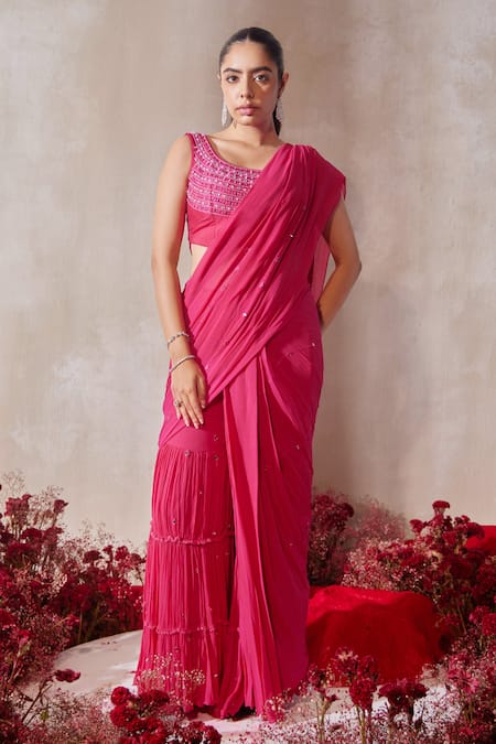 Tarini Vij Pink Georgette, Silk Beads, Mirrors, Embroidery Pre-draped Sharara Saree Set 