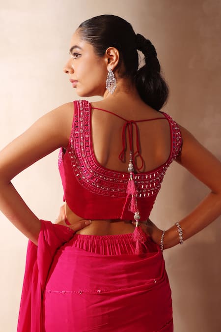 Tarini Vij_Pink Georgette, Silk Beads, Mirrors, Embroidery Pre-draped Sharara Saree Set _Online_at_Aza_Fashions