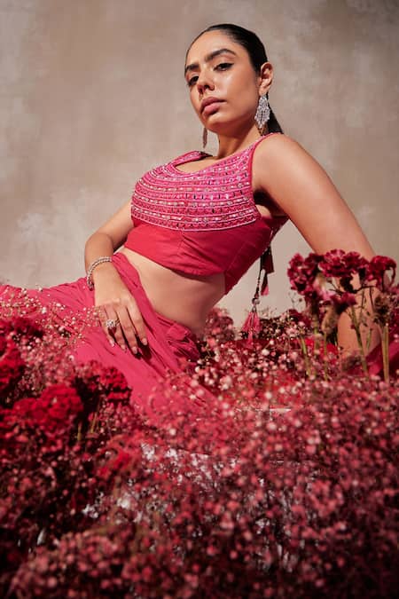 Buy Tarini Vij Pink Georgette, Silk Beads, Mirrors, Embroidery Pre-draped Sharara Saree Set Online at Aza Fashions Buy_Tarini Vij_Pink Georgette, Silk Beads, Mirrors, Embroidery Pre-draped Sharara Saree Set _Online_at_Aza_Fashions