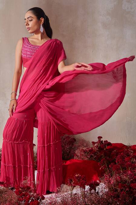 Tarini Vij Pink Georgette, Silk Beads, Mirrors, Embroidery Pre-draped Sharara Saree Set at Aza Fashions Tarini Vij_Pink Georgette, Silk Beads, Mirrors, Embroidery Pre-draped Sharara Saree Set _at_Aza_Fashions