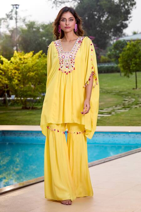 Shop Aariyana Couture Yellow Cotton, Silk Tassels, Embroidery V-neck Hand Kaftan And Gharara Set at Aza Fashions Shop_Aariyana Couture_Yellow Cotton, Silk Tassels, Embroidery V-neck Hand Kaftan And Gharara Set_at_Aza_Fashions