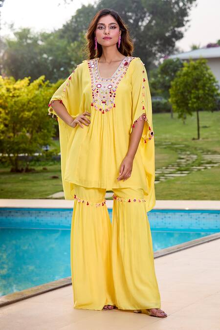 Aariyana Couture Yellow Cotton, Silk Tassels, Embroidery V-neck Hand Kaftan And Gharara Set Online at Aza Fashions Aariyana Couture_Yellow Cotton, Silk Tassels, Embroidery V-neck Hand Kaftan And Gharara Set_Online_at_Aza_Fashions