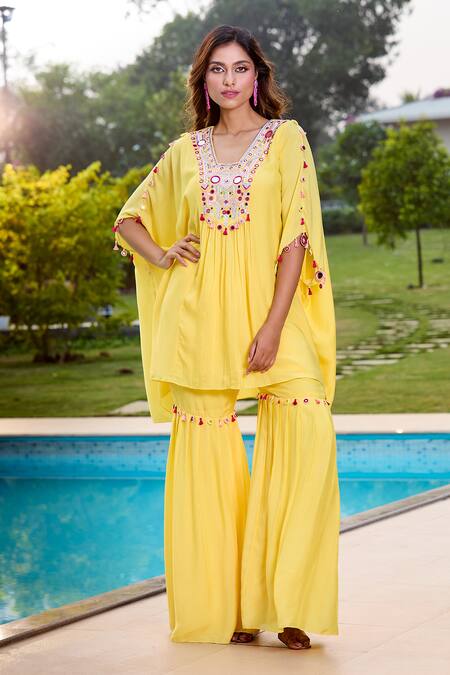 Buy Aariyana Couture Yellow Cotton, Silk Tassels, Embroidery V-neck Hand Kaftan And Gharara Set Online at Aza Fashions Buy_Aariyana Couture_Yellow Cotton, Silk Tassels, Embroidery V-neck Hand Kaftan And Gharara Set_Online_at_Aza_Fashions