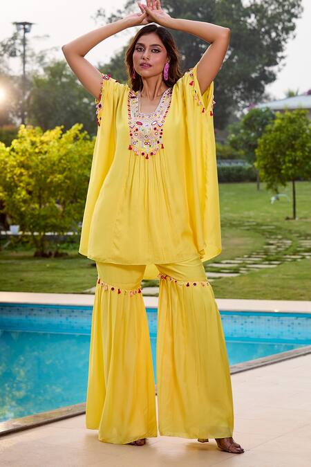 Shop Aariyana Couture Yellow Cotton, Silk Tassels, Embroidery V-neck Hand Kaftan And Gharara Set Online at Aza Fashions Shop_Aariyana Couture_Yellow Cotton, Silk Tassels, Embroidery V-neck Hand Kaftan And Gharara Set_Online_at_Aza_Fashions