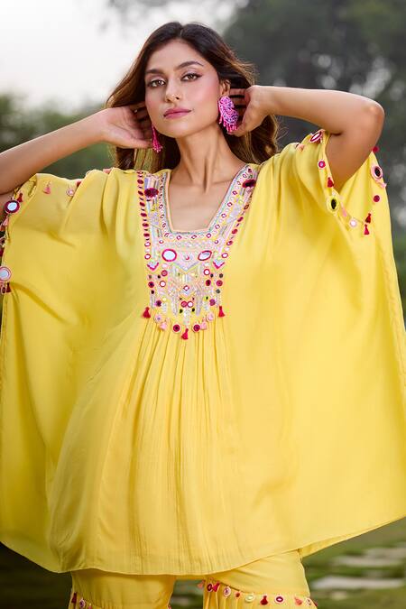 Aariyana Couture Yellow Cotton, Silk Tassels, Embroidery V-neck Hand Kaftan And Gharara Set at Aza Fashions Aariyana Couture_Yellow Cotton, Silk Tassels, Embroidery V-neck Hand Kaftan And Gharara Set_at_Aza_Fashions