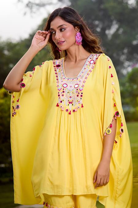 Buy Aariyana Couture Yellow Cotton, Silk Tassels, Embroidery V-neck Hand Kaftan And Gharara Set Buy_Aariyana Couture_Yellow Cotton, Silk Tassels, Embroidery V-neck Hand Kaftan And Gharara Set