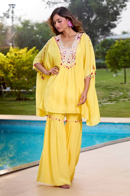 Shop Aariyana Couture Yellow Cotton, Silk Tassels, Embroidery V-neck Hand Kaftan And Gharara Set Shop_Aariyana Couture_Yellow Cotton, Silk Tassels, Embroidery V-neck Hand Kaftan And Gharara Set