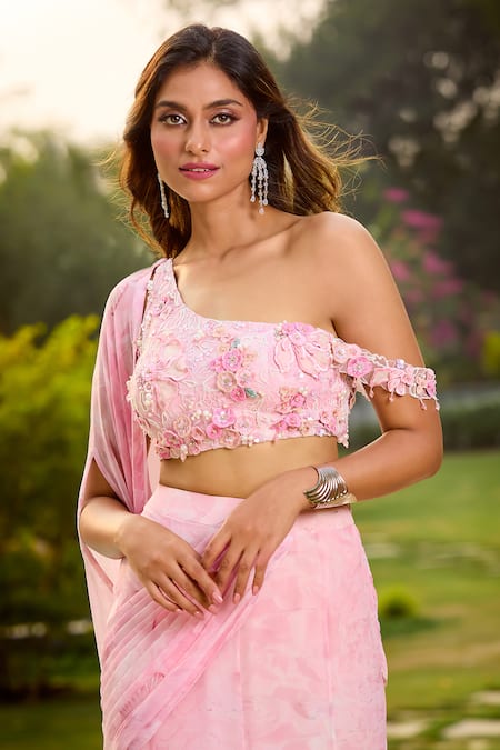 Buy_Aariyana Couture_Pink Chiffon, Net, Viscose Embroidery One Shoulder Draped Skirt Set