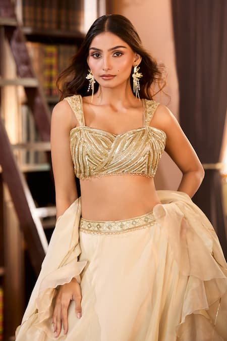 Shop Aariyana Couture Gold Tissue Embroidery, Ruffles Sweetheart Neck Hand Lehenga Set Online at Aza Fashions Shop_Aariyana Couture_Gold Tissue Embroidery, Ruffles Sweetheart Neck Hand Lehenga Set_Online_at_Aza_Fashions