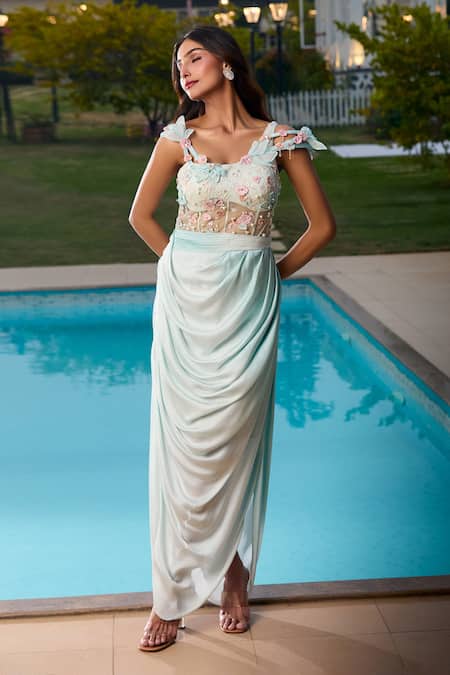 Aariyana Couture Blue Modal, Net Embroidery Off-shoulder Draped Corset Maxi Dress Online at Aza Fashions Aariyana Couture_Blue Modal, Net Embroidery Off-shoulder Draped Corset Maxi Dress _Online_at_Aza_Fashions