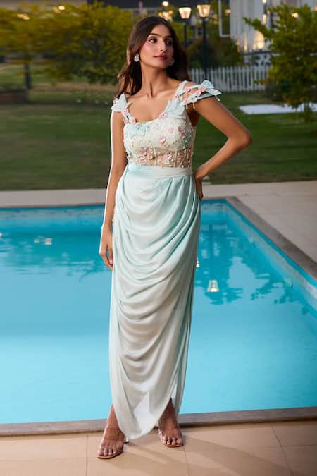 Aariyana Couture Blue Modal, Net Embroidery Off-shoulder Draped Corset Maxi Dress at Aza Fashions Aariyana Couture_Blue Modal, Net Embroidery Off-shoulder Draped Corset Maxi Dress _at_Aza_Fashions