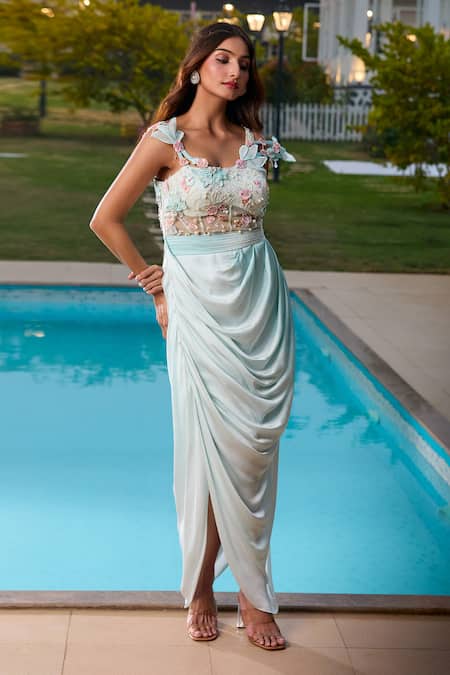 Buy Aariyana Couture Blue Modal, Net Embroidery Off-shoulder Draped Corset Maxi Dress Buy_Aariyana Couture_Blue Modal, Net Embroidery Off-shoulder Draped Corset Maxi Dress