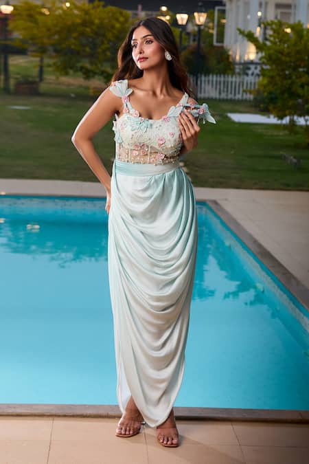 Shop Aariyana Couture Blue Modal, Net Embroidery Off-shoulder Draped Corset Maxi Dress Shop_Aariyana Couture_Blue Modal, Net Embroidery Off-shoulder Draped Corset Maxi Dress