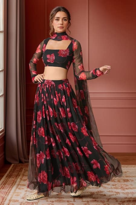 Samyukta Singhania Black Floral Printed Lehenga Set 