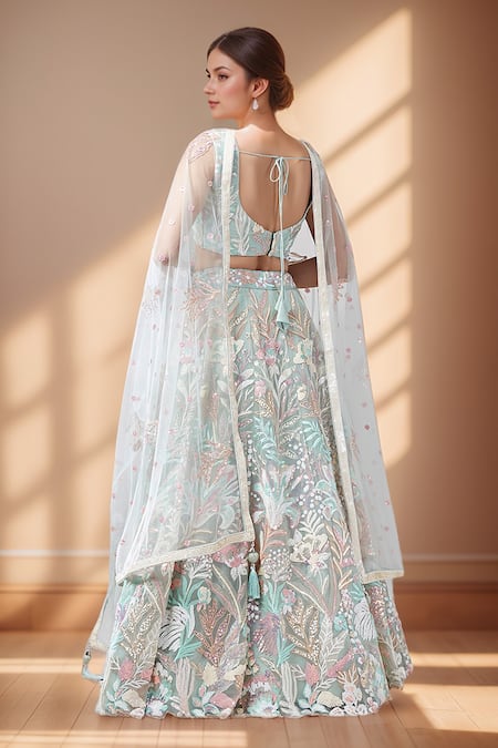 Shop Samyukta Singhania Blue Net, Linen Sequins, Cut Work, Embroidery Floral Lehenga Set at Aza Fashions Shop_Samyukta Singhania_Blue Net, Linen Sequins, Cut Work, Embroidery Floral Lehenga Set _at_Aza_Fashions