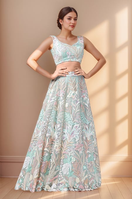 Samyukta Singhania Blue Net, Linen Sequins, Cut Work, Embroidery Floral Lehenga Set at Aza Fashions Samyukta Singhania_Blue Net, Linen Sequins, Cut Work, Embroidery Floral Lehenga Set _at_Aza_Fashions